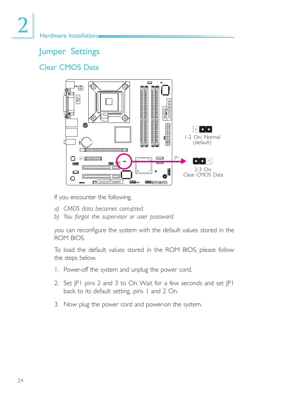 Jumper settings, Clear cmos data | DFI EL330-DR User Manual | Page 24 / 142