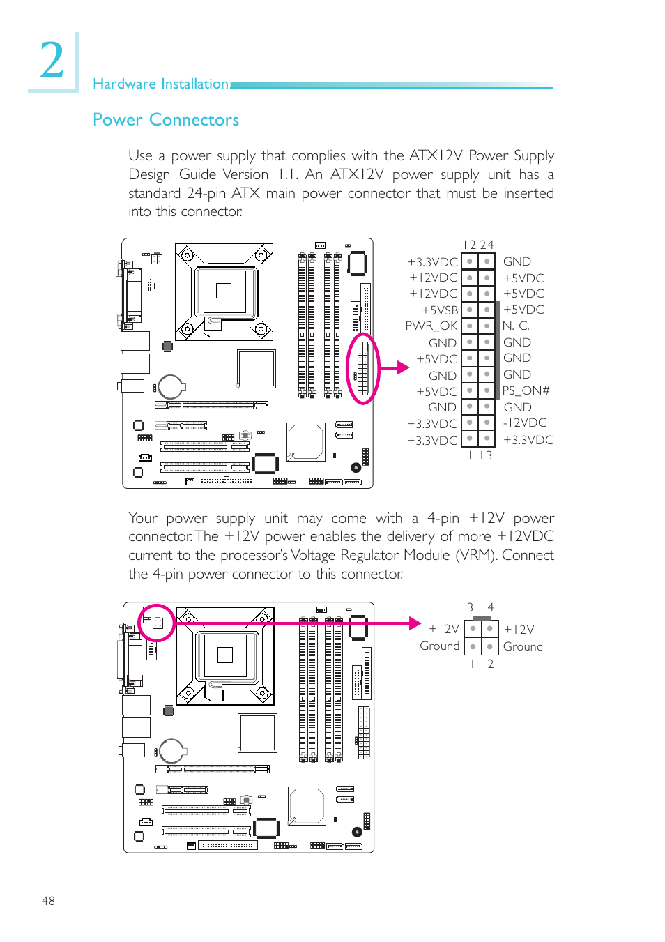 Power connectors, Hardware installation | DFI EL330-DR User Manual | Page 48 / 142