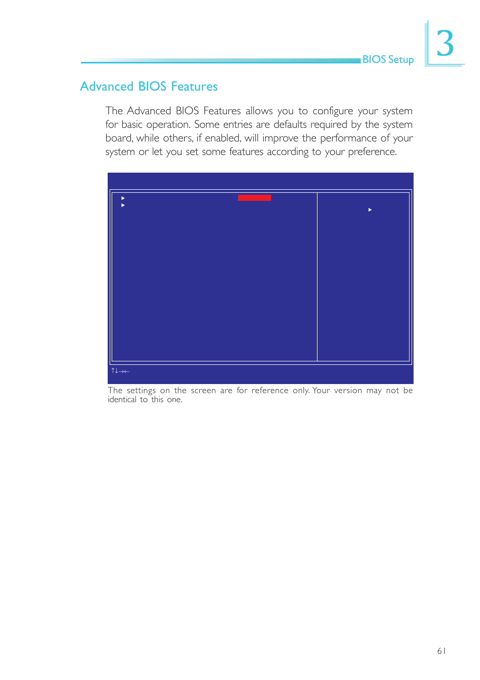 Advanced bios features, Bios setup | DFI EL330-DR User Manual | Page 61 / 142