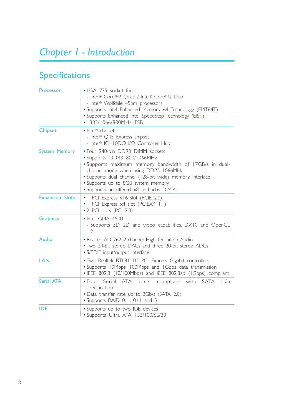 Chapter 1 - introduction, Specifications, Introduction | DFI EL330-DR User Manual | Page 8 / 142