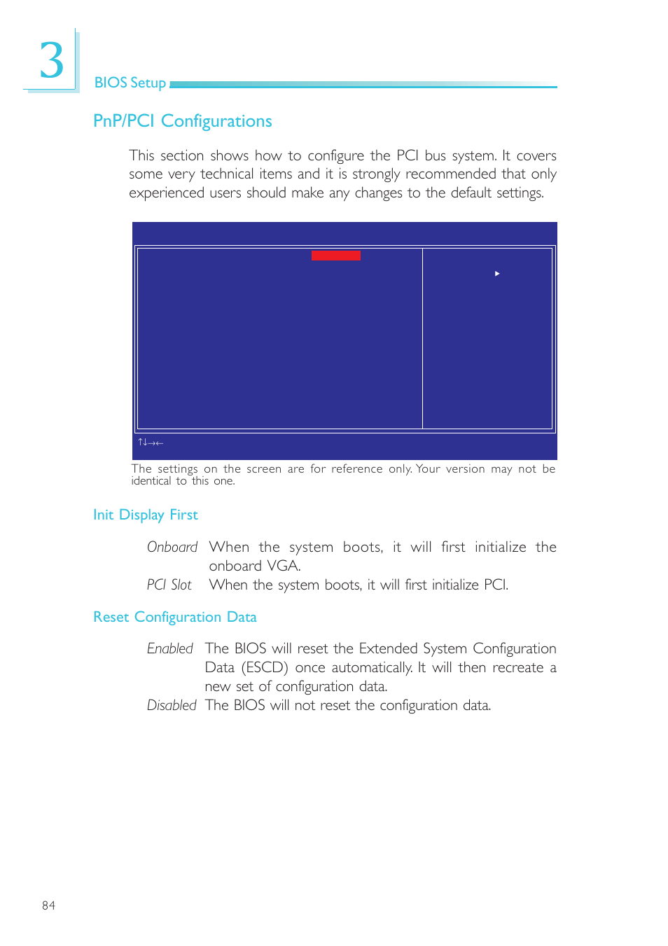 Pnp/pci configurations, Bios setup | DFI EL330-DR User Manual | Page 84 / 142