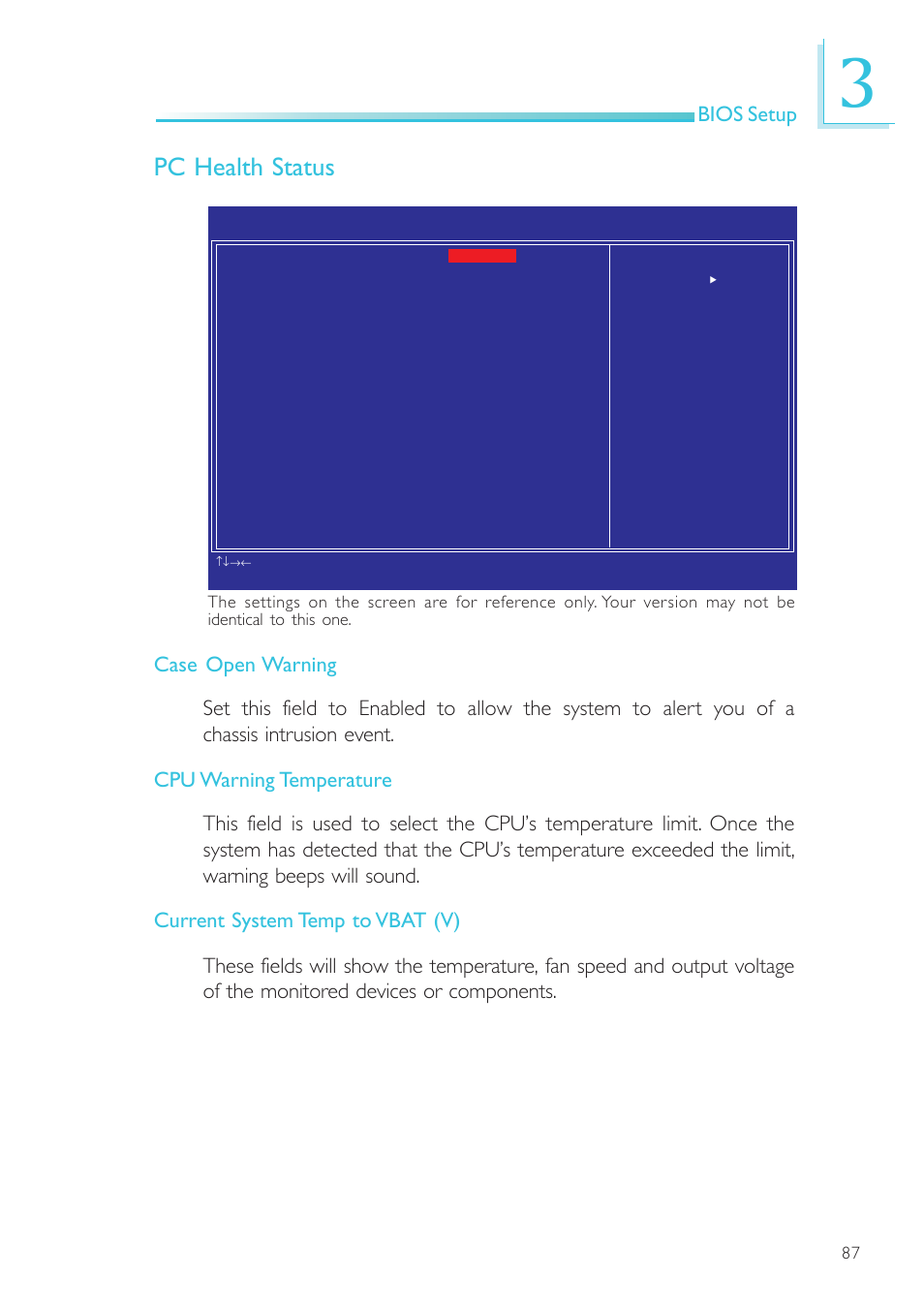 Pc health status, Bios setup | DFI EL330-DR User Manual | Page 87 / 142