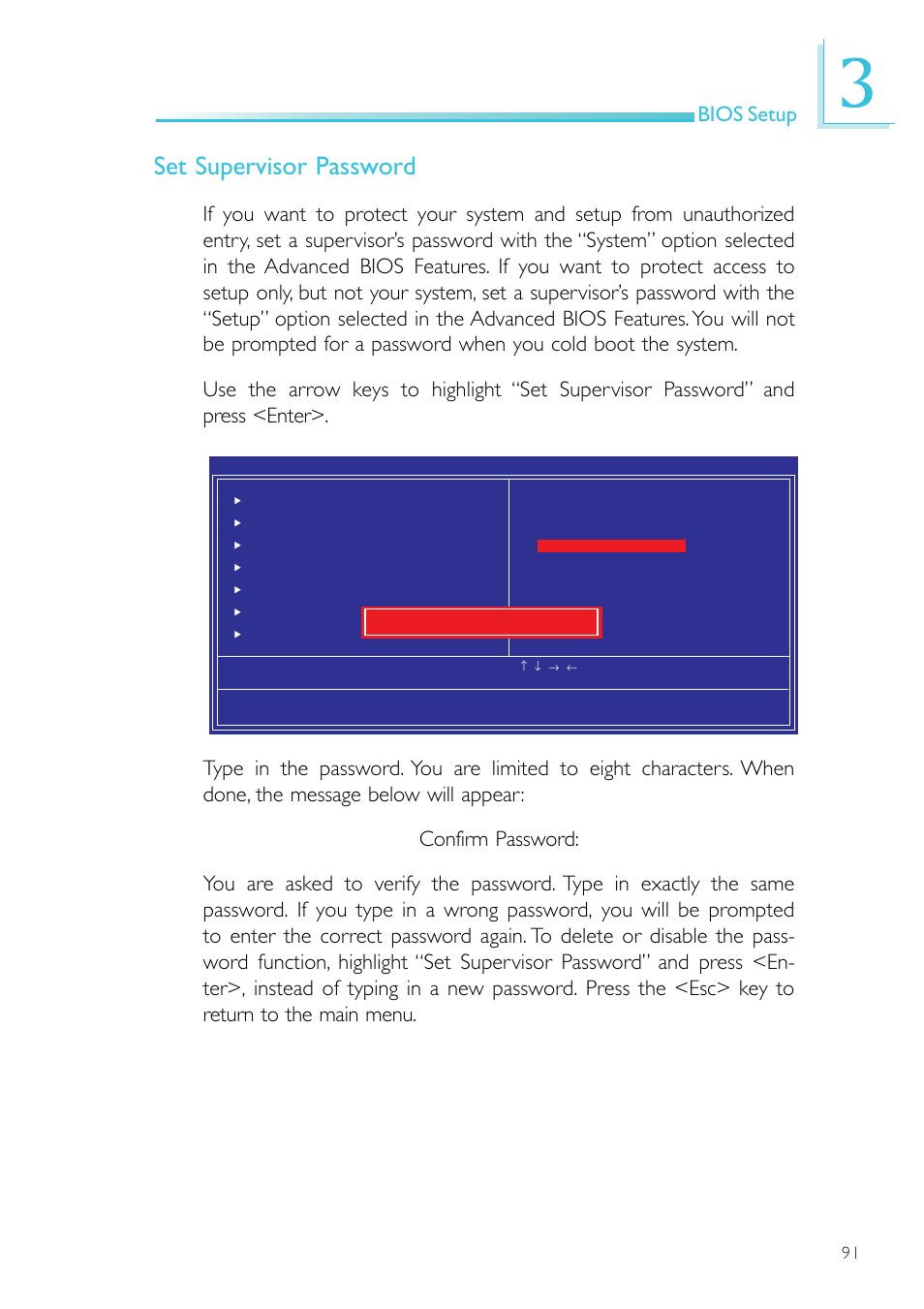 Set supervisor password, Bios setup | DFI EL330-DR User Manual | Page 91 / 142