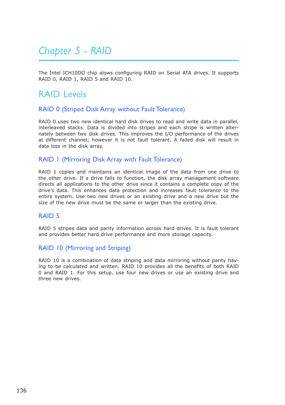 Chapter 5 - raid, Raid levels | DFI EL331-RM User Manual | Page 136 / 192