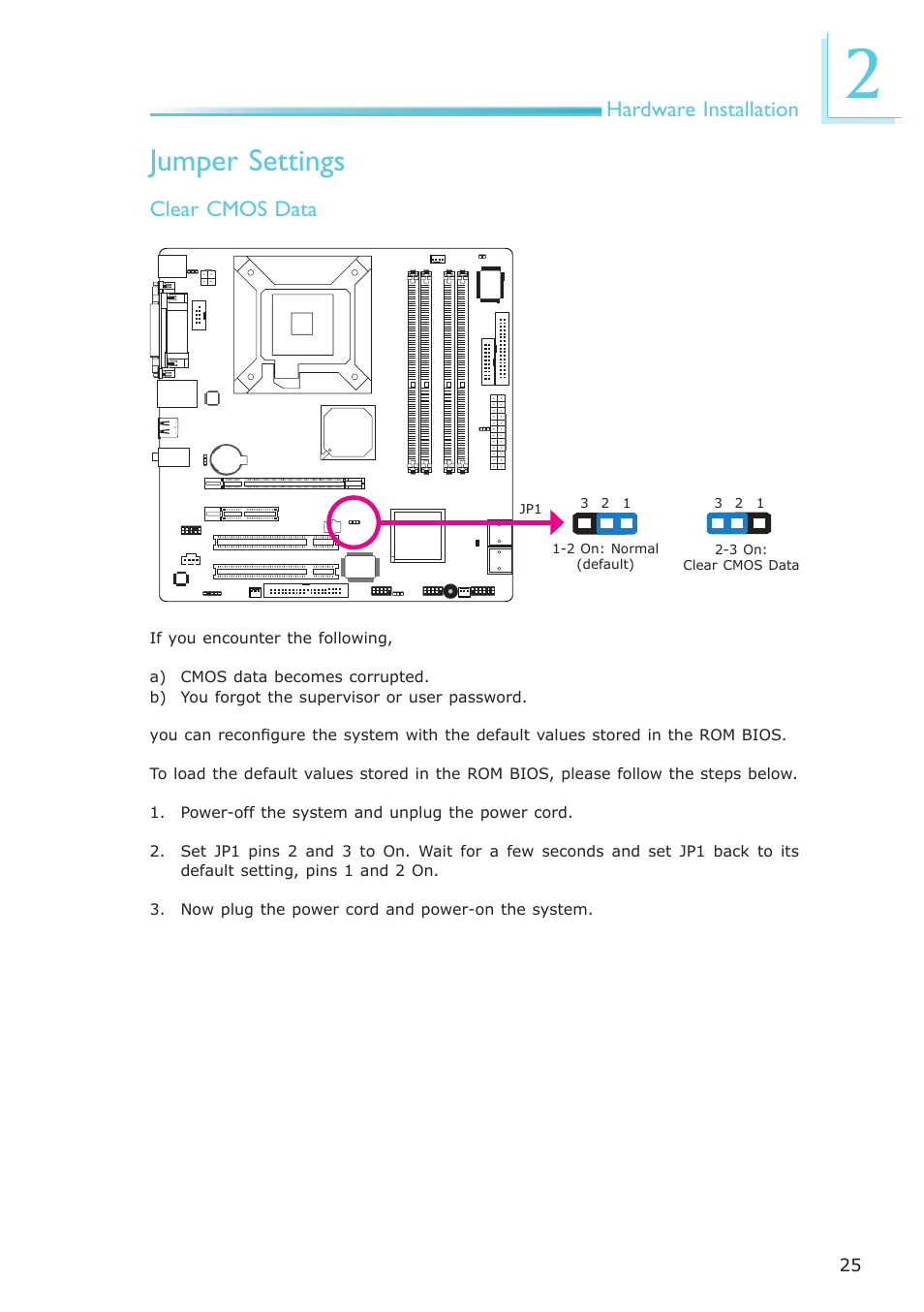 Jumper settings, Hardware installation, Clear cmos data | DFI EL331-RM User Manual | Page 25 / 192