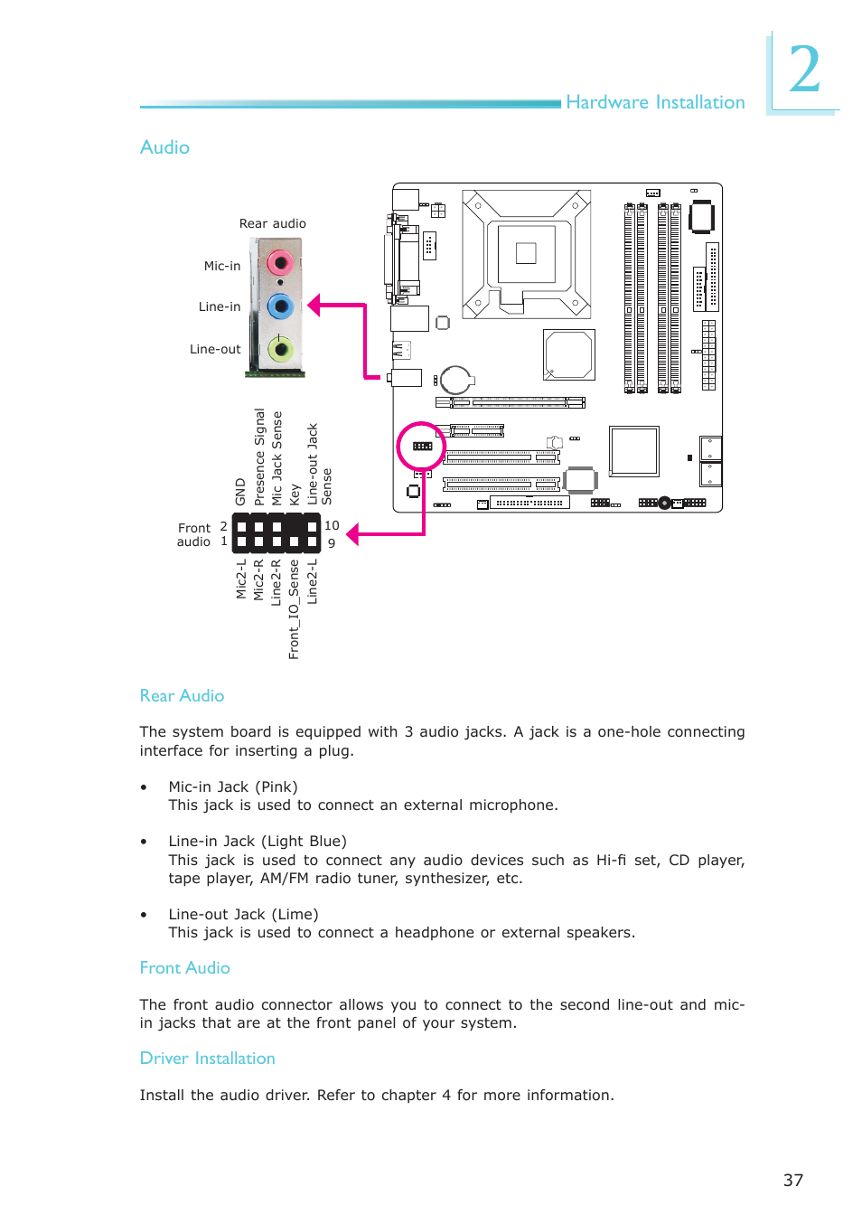 Hardware installation, Audio, Rear audio | Front audio, Driver installation | DFI EL331-RM User Manual | Page 37 / 192