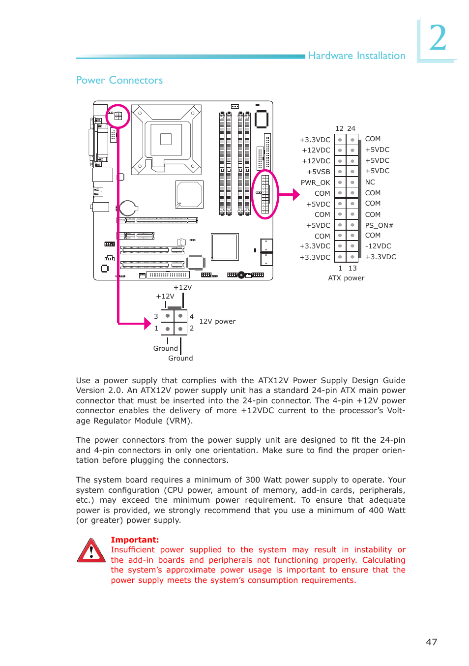 Hardware installation, Power connectors | DFI EL331-RM User Manual | Page 47 / 192