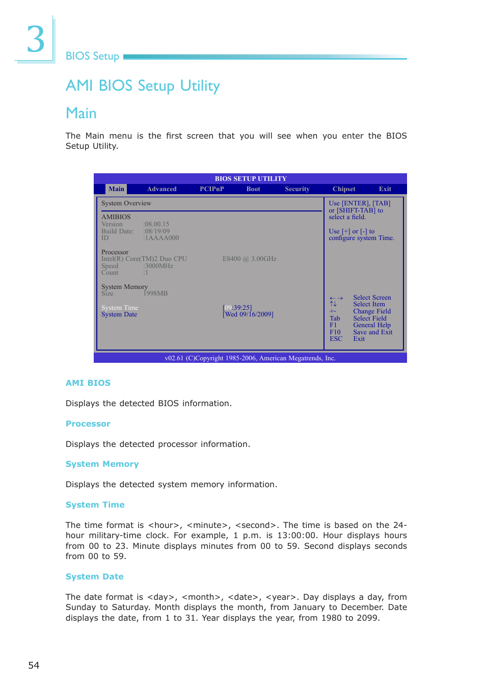 Ami bios setup utility, Main, Bios setup | DFI EL331-RM User Manual | Page 54 / 192
