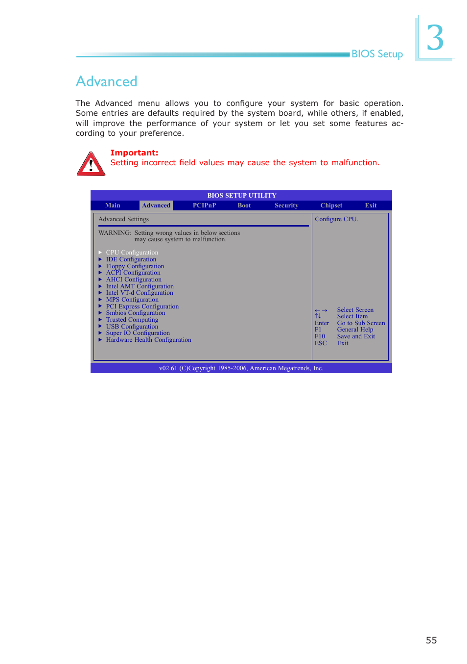Advanced, Bios setup | DFI EL331-RM User Manual | Page 55 / 192