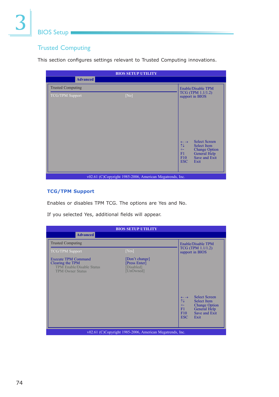 Bios setup trusted computing | DFI EL331-RM User Manual | Page 74 / 192