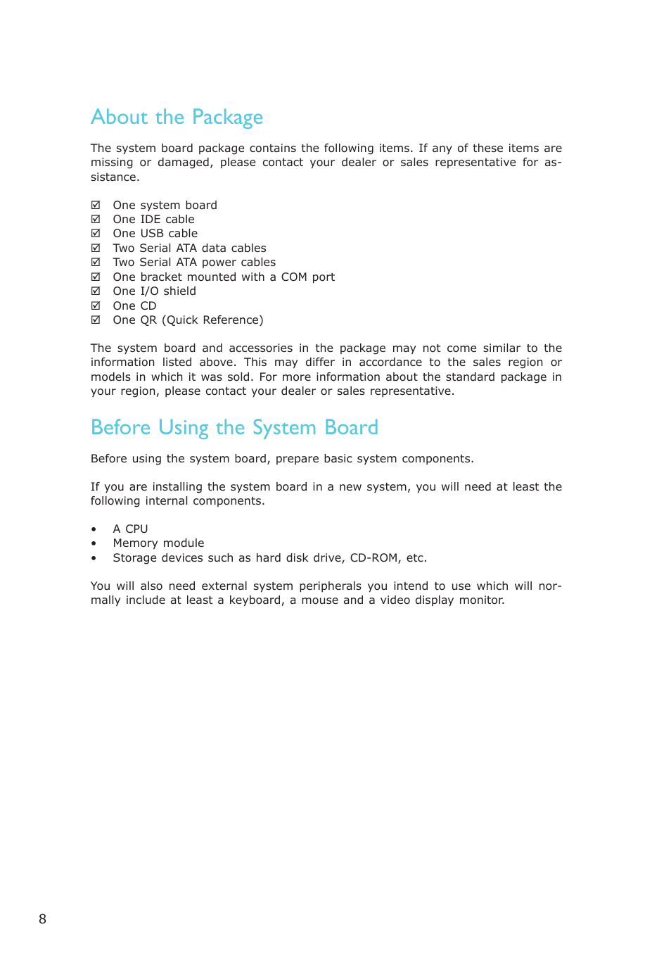 About the package, Before using the system board | DFI EL331-RM User Manual | Page 8 / 192