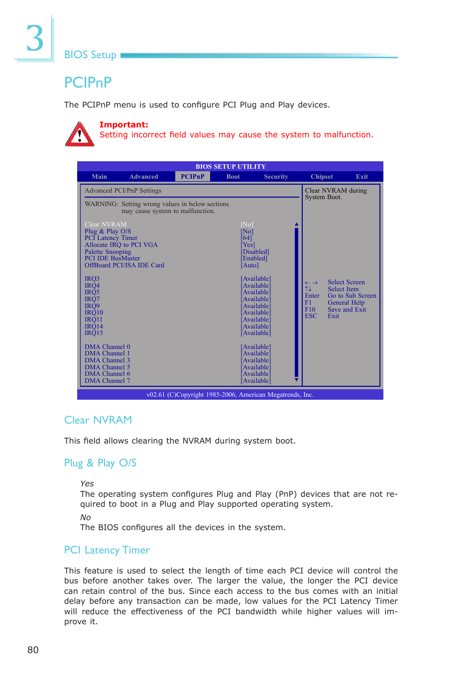 Pcipnp, Bios setup, Clear nvram | Plug & play o/s, Pci latency timer | DFI EL331-RM User Manual | Page 80 / 192