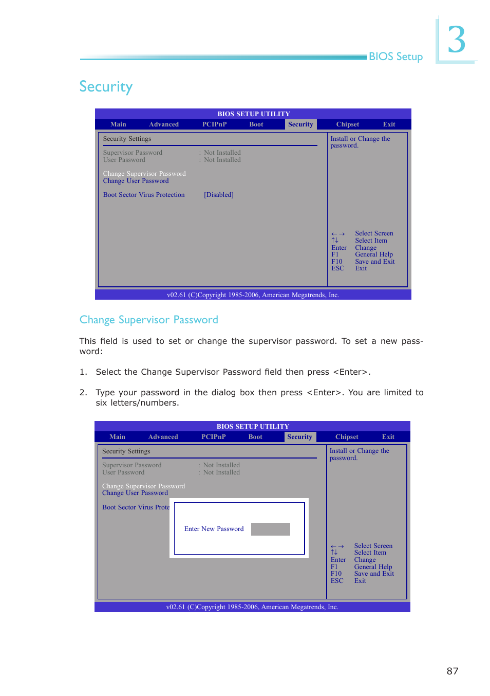 Security, Bios setup, Change supervisor password | DFI EL331-RM User Manual | Page 87 / 192