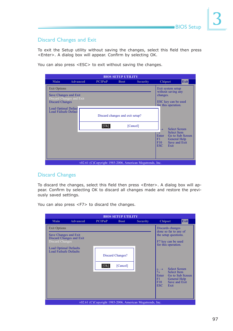 Bios setup discard changes and exit, Discard changes | DFI EL331-RM User Manual | Page 97 / 192