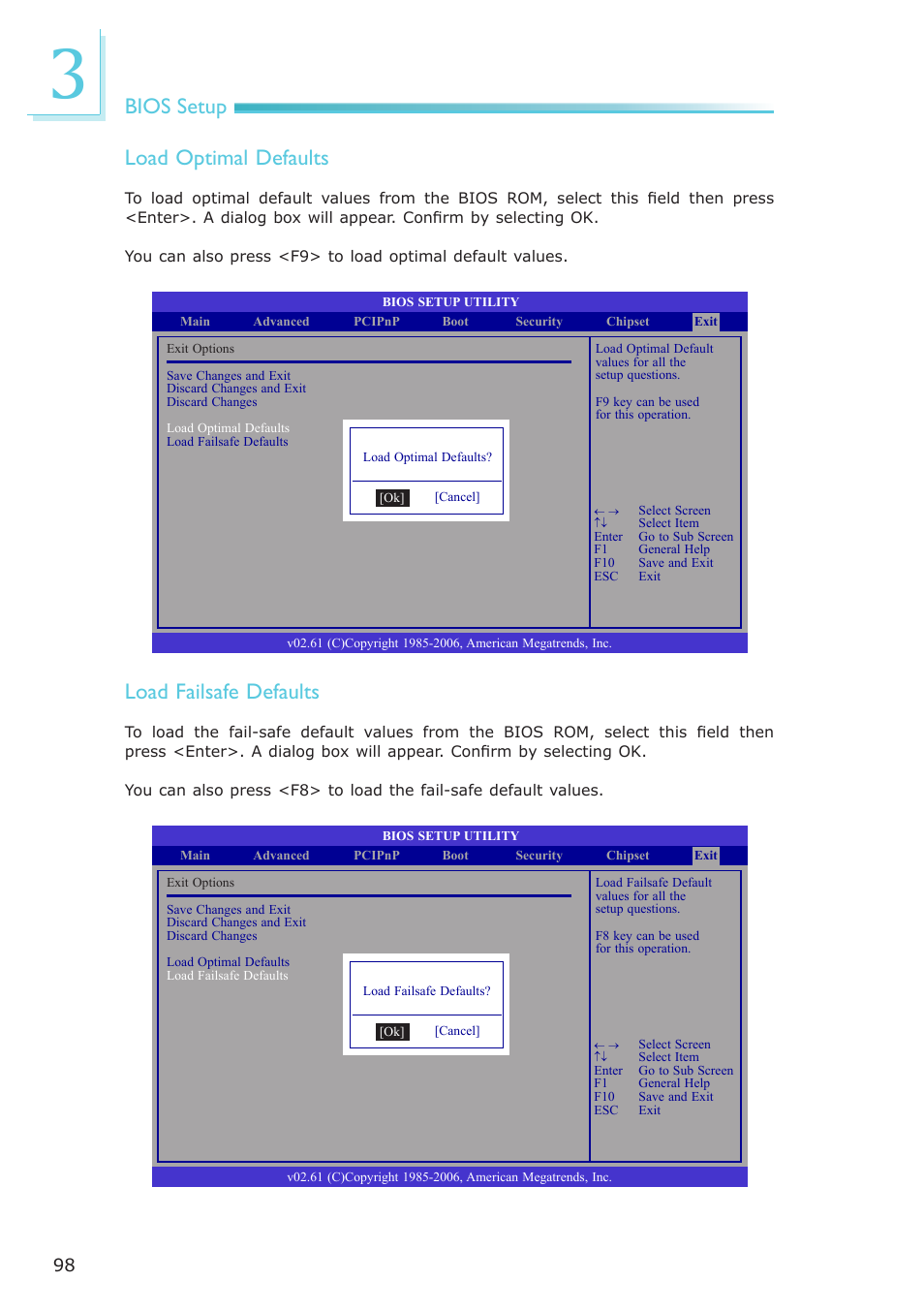 Bios setup load optimal defaults, Load failsafe defaults | DFI EL331-RM User Manual | Page 98 / 192