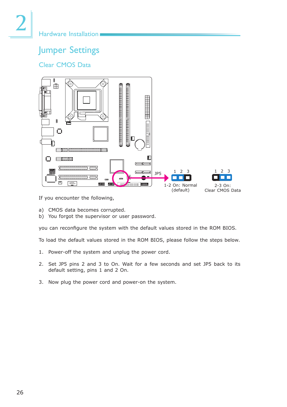 Jumper settings, Hardware installation, Clear cmos data | DFI EL339-B User Manual | Page 26 / 109