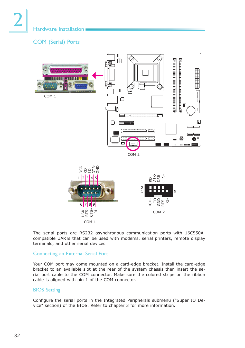 Hardware installation, Com (serial) ports, Connecting an external serial port | Bios setting | DFI EL339-B User Manual | Page 32 / 109