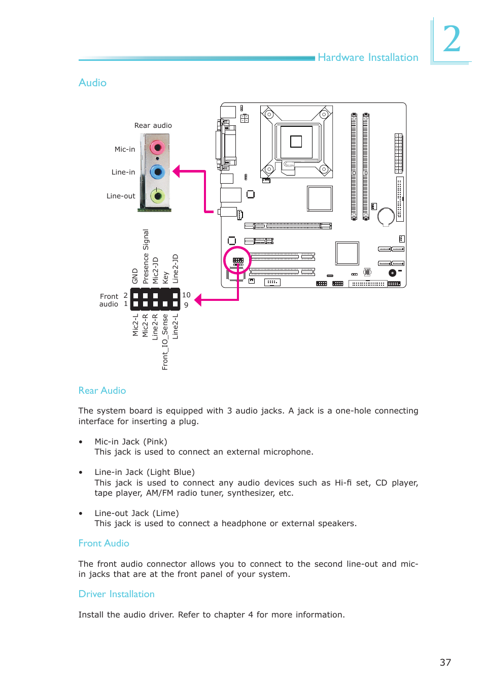Hardware installation, Audio, Rear audio | Front audio, Driver installation | DFI EL339-B User Manual | Page 37 / 109