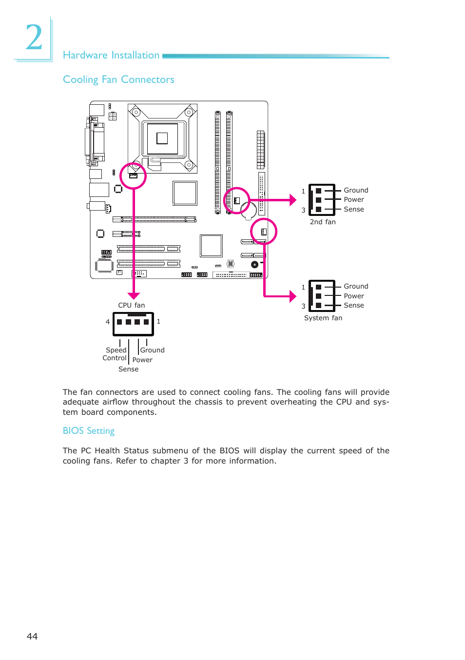 Hardware installation, Cooling fan connectors, Bios setting | DFI EL339-B User Manual | Page 44 / 109