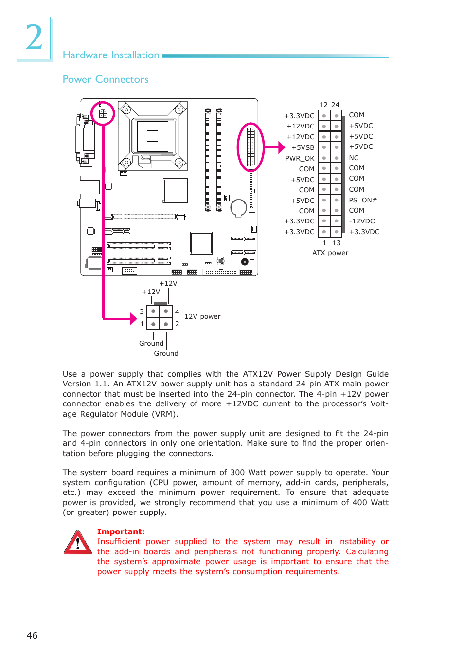 Hardware installation, Power connectors | DFI EL339-B User Manual | Page 46 / 109