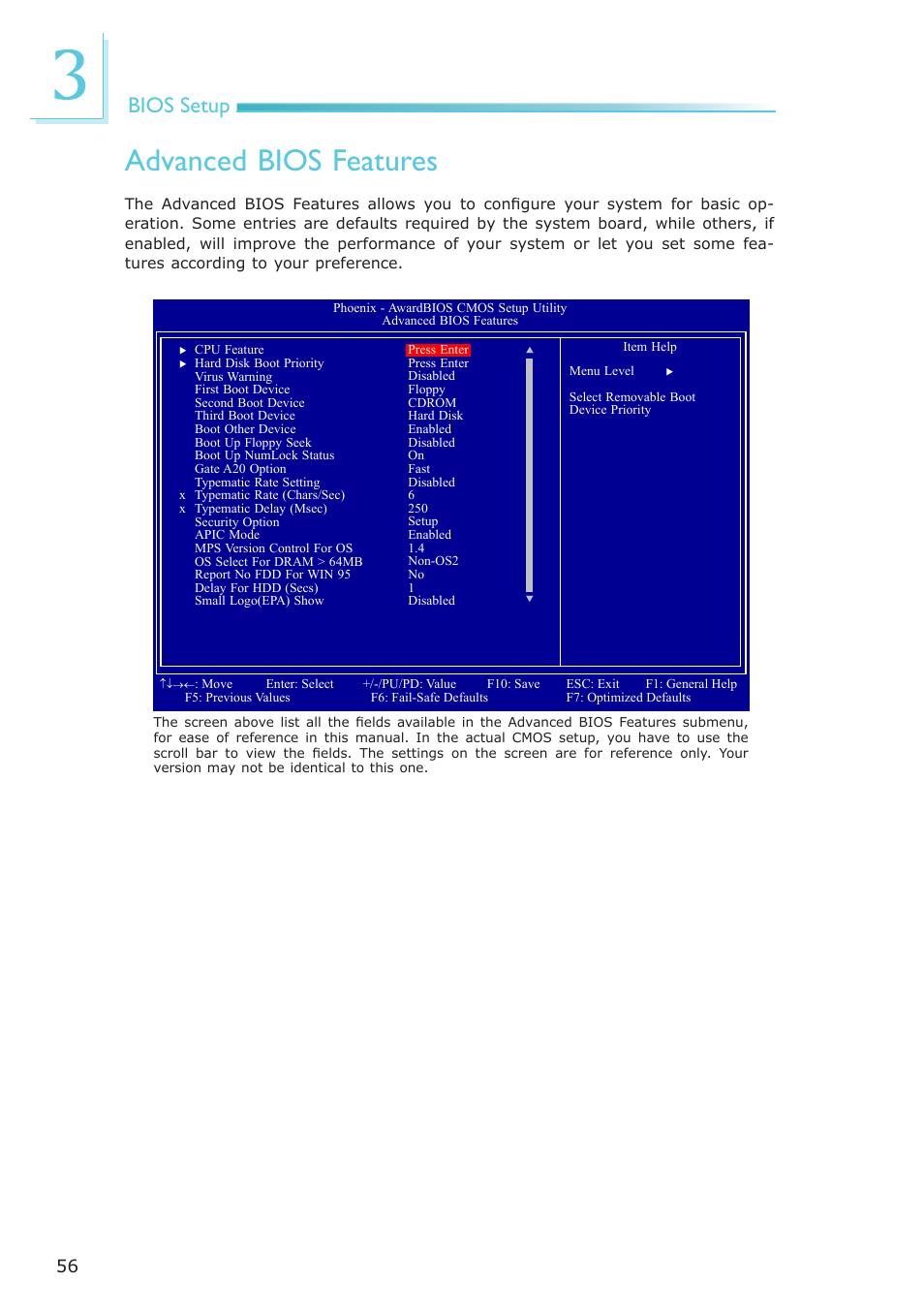 Advanced bios features, Bios setup | DFI EL339-B User Manual | Page 56 / 109
