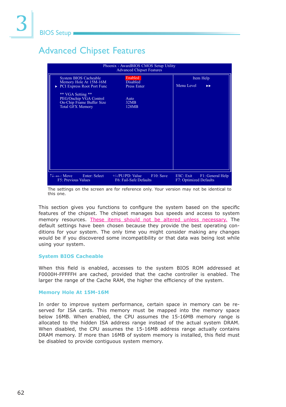 Advanced chipset features, Bios setup | DFI EL339-B User Manual | Page 62 / 109