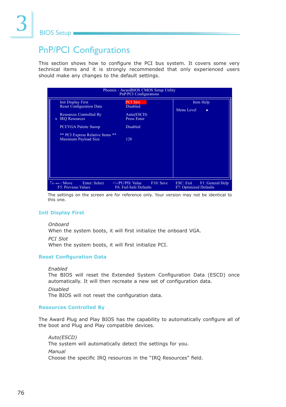 Pnp/pci configurations, Bios setup | DFI EL339-B User Manual | Page 76 / 109