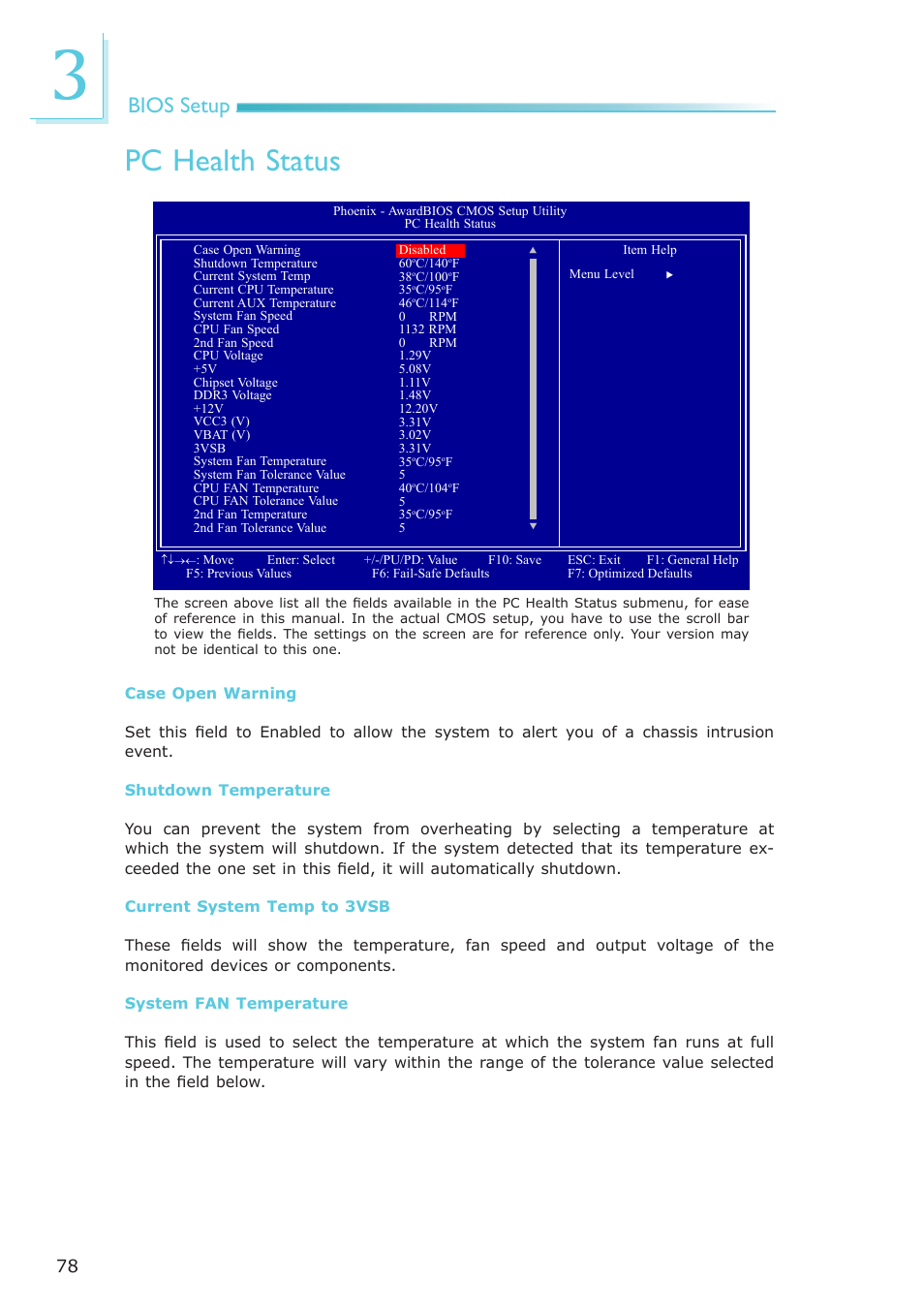 Pc health status, Bios setup | DFI EL339-B User Manual | Page 78 / 109