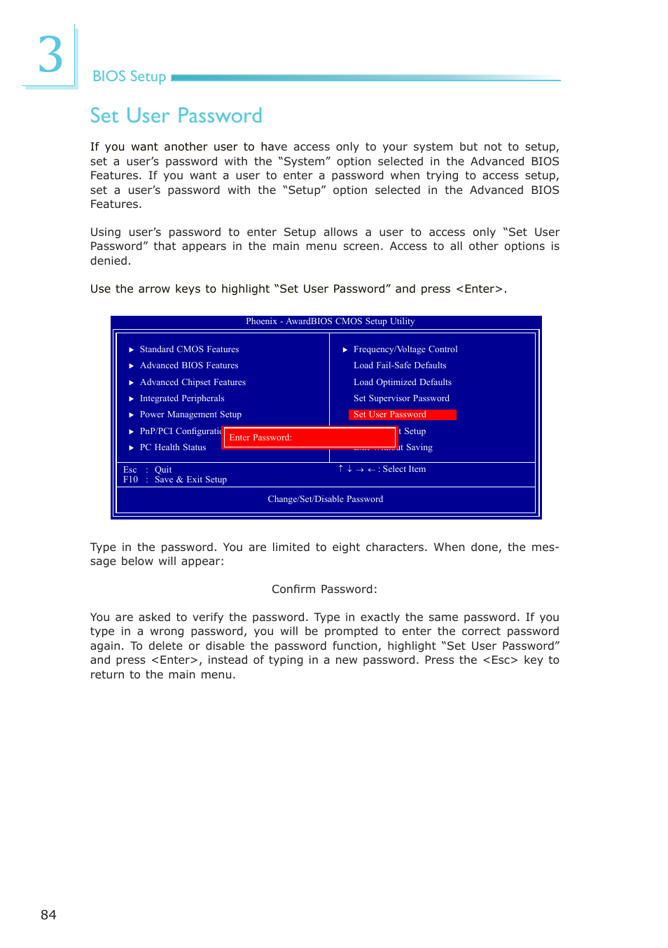 Set user password, Bios setup | DFI EL339-B User Manual | Page 84 / 109