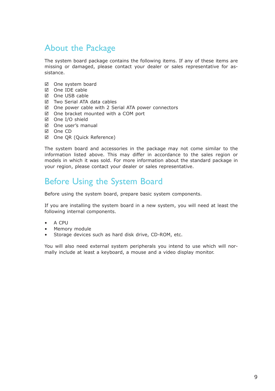 About the package, Before using the system board | DFI EL339-B User Manual | Page 9 / 109