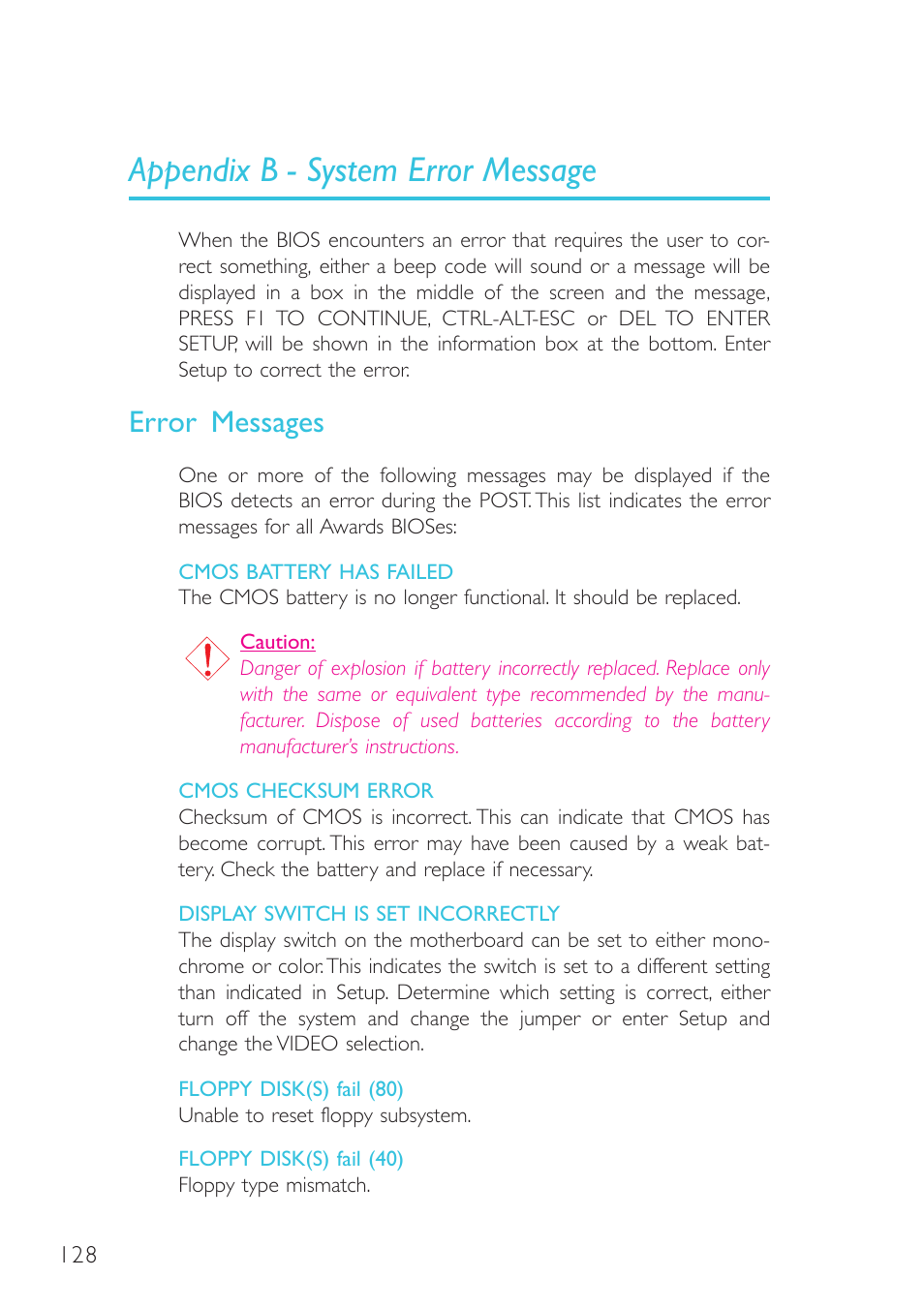 Appendix b - system error message, Error messages | DFI G7B330-BR User Manual | Page 128 / 147