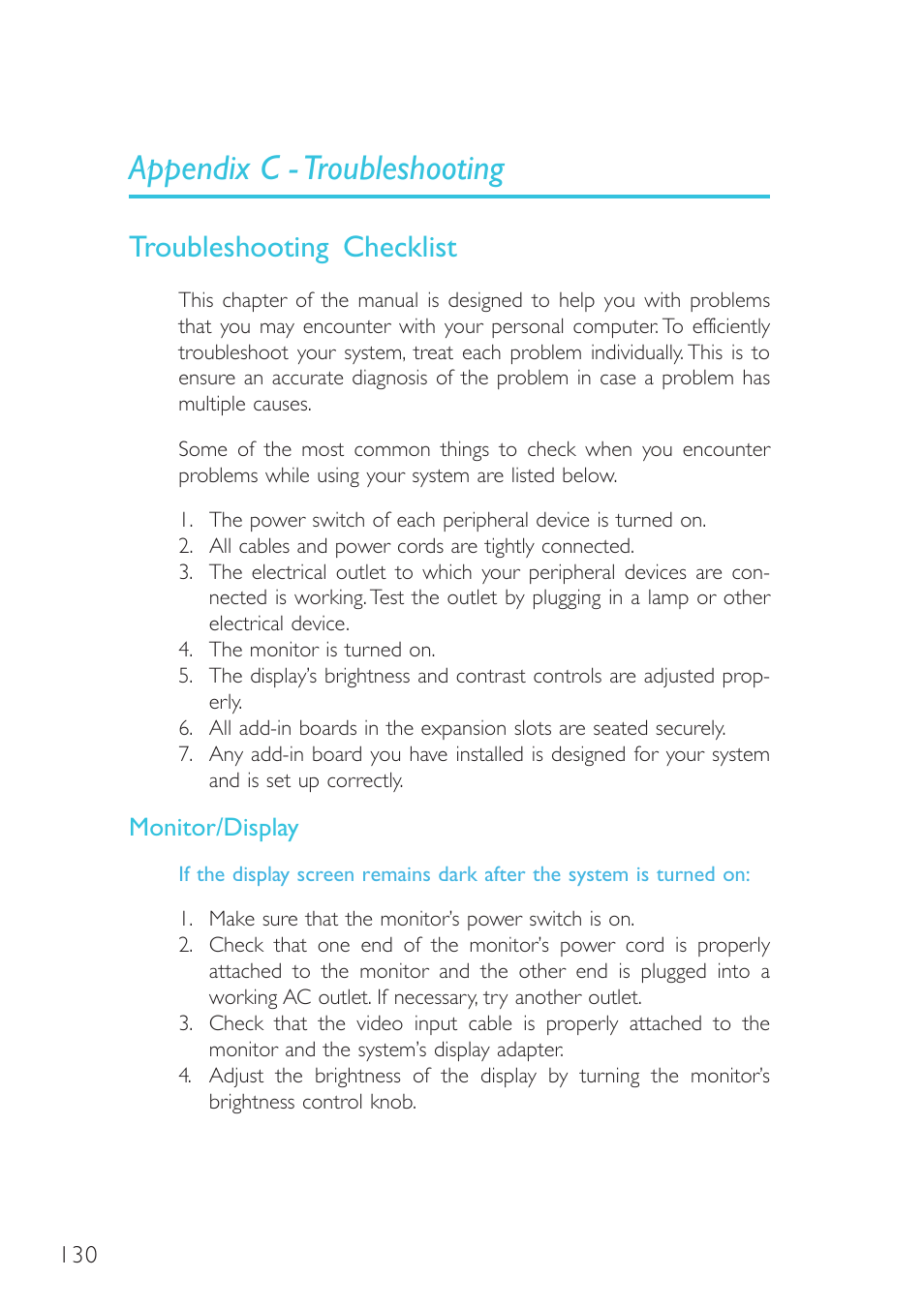 Appendix c - troubleshooting, Troubleshooting checklist | DFI G7B330-BR User Manual | Page 130 / 147