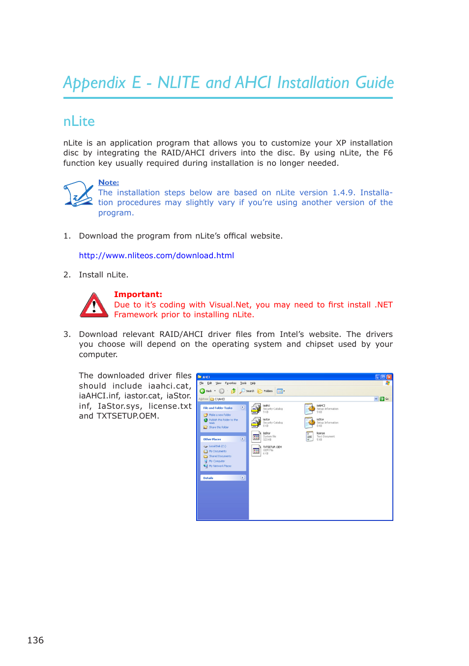 Appendix e - nlite and ahci installation guide, Nlite | DFI G7B330-BR User Manual | Page 136 / 147