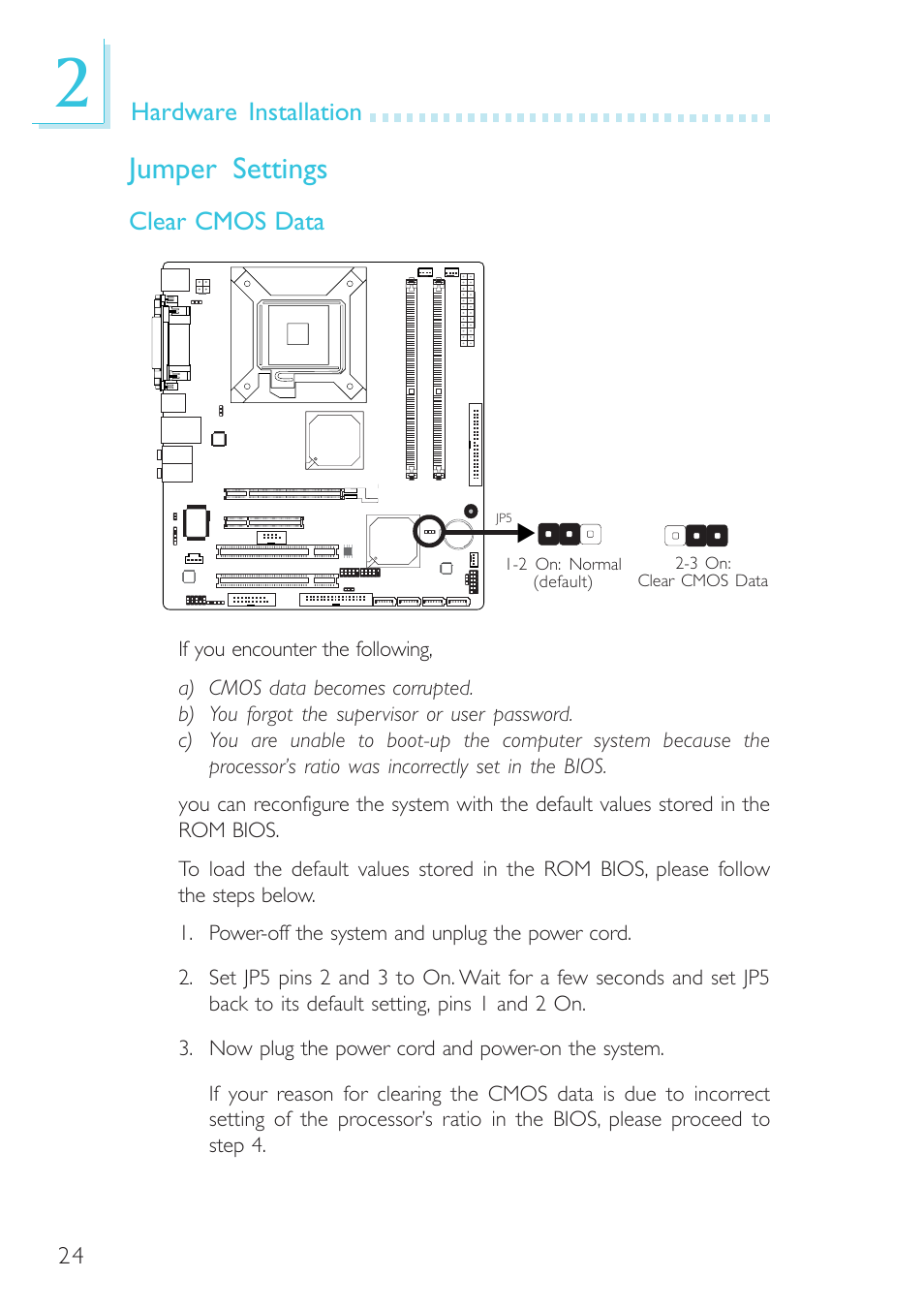 Jumper settings, Hardware installation, Clear cmos data | DFI G7B330-BR User Manual | Page 24 / 147