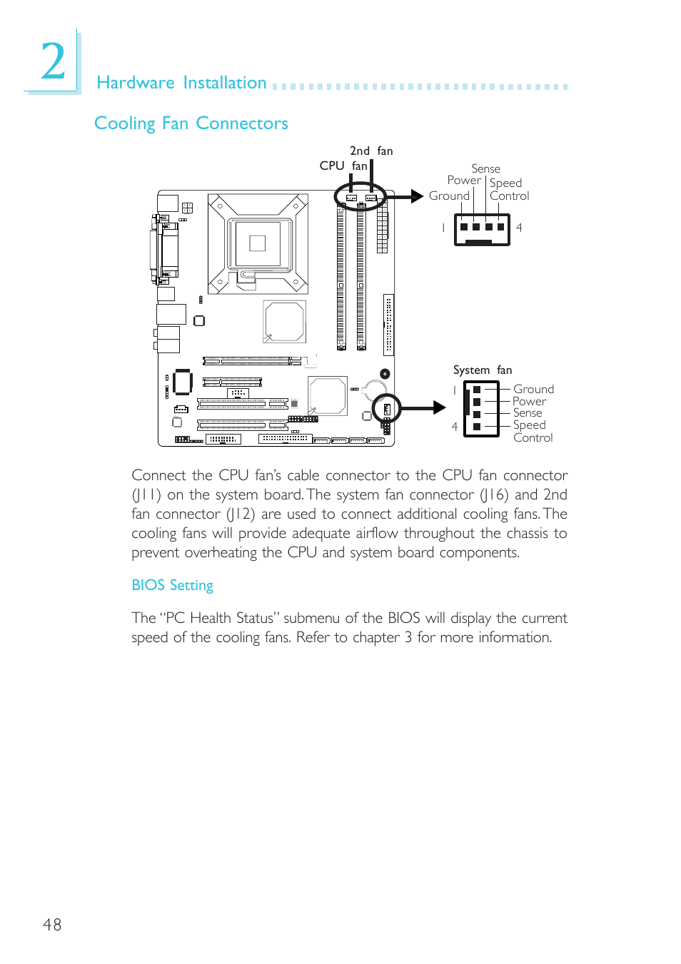 Hardware installation cooling fan connectors | DFI G7B330-BR User Manual | Page 48 / 147