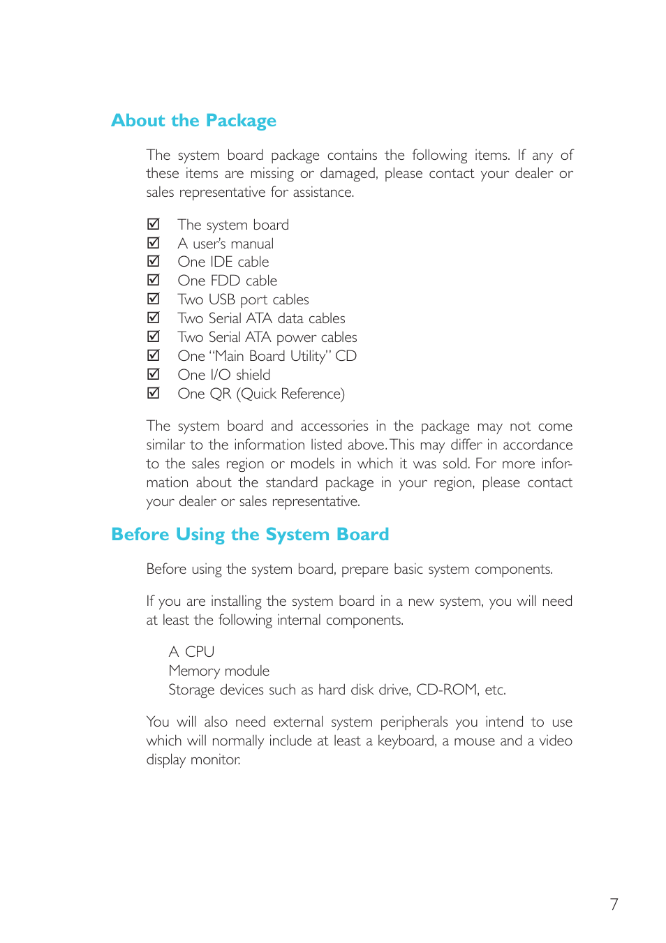 About the package, Before using the system board | DFI G7B330-BR User Manual | Page 7 / 147