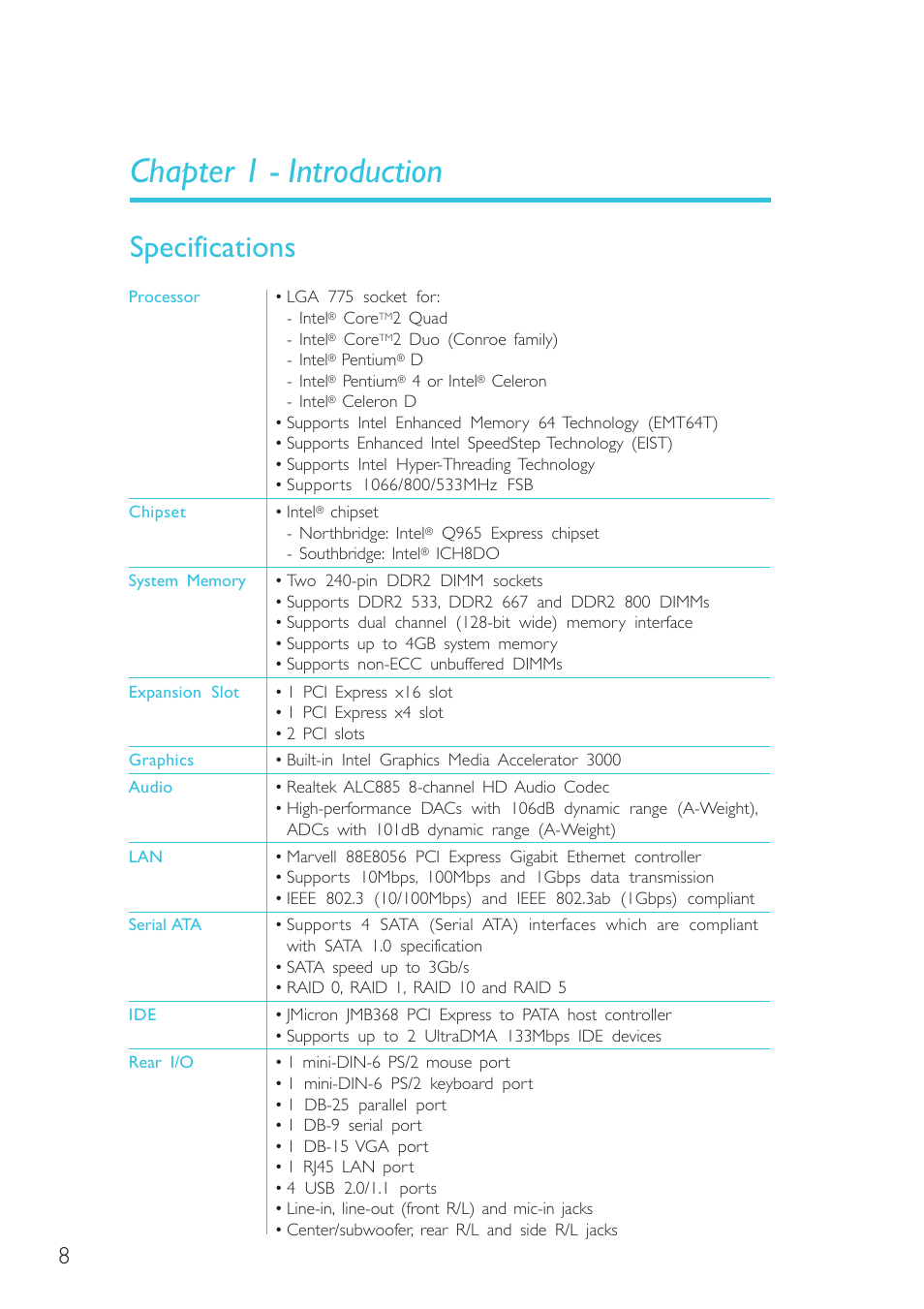 Chapter 1 - introduction, Specifications, Introduction | DFI G7B330-BR User Manual | Page 8 / 147