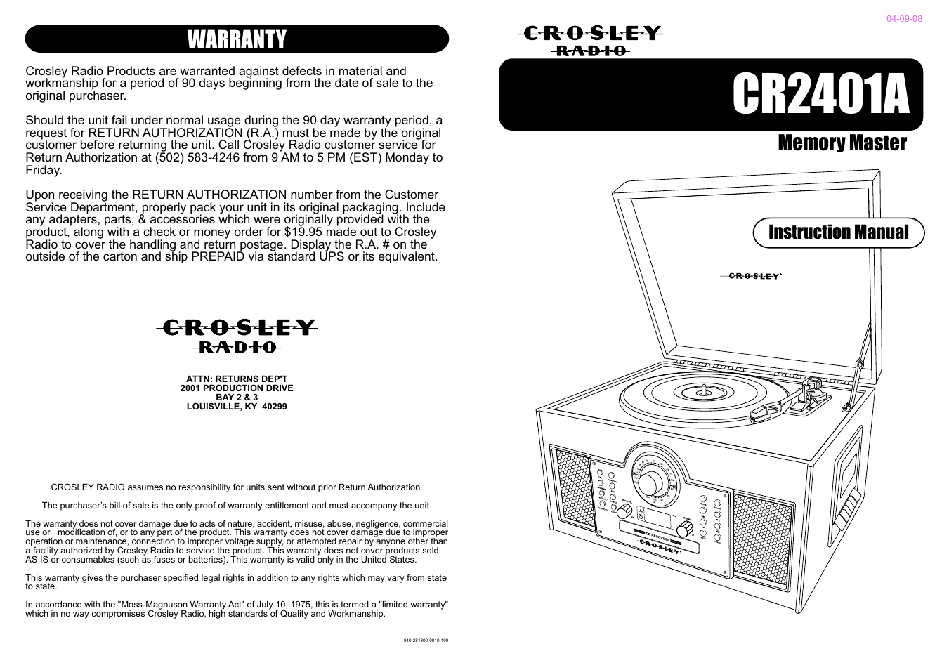Crosley Radio Memory Master CR2401A User Manual | 8 pages