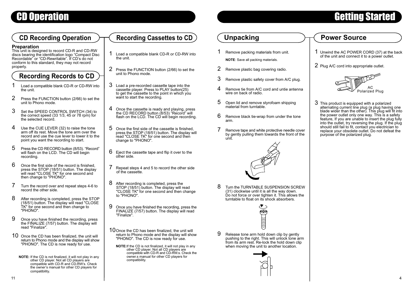 Getting started, Cd operation, Unpacking | Power source, Cd recording operation, Recording records to cd recording cassettes to cd | Crosley Radio Memory Master CR2401A User Manual | Page 3 / 8