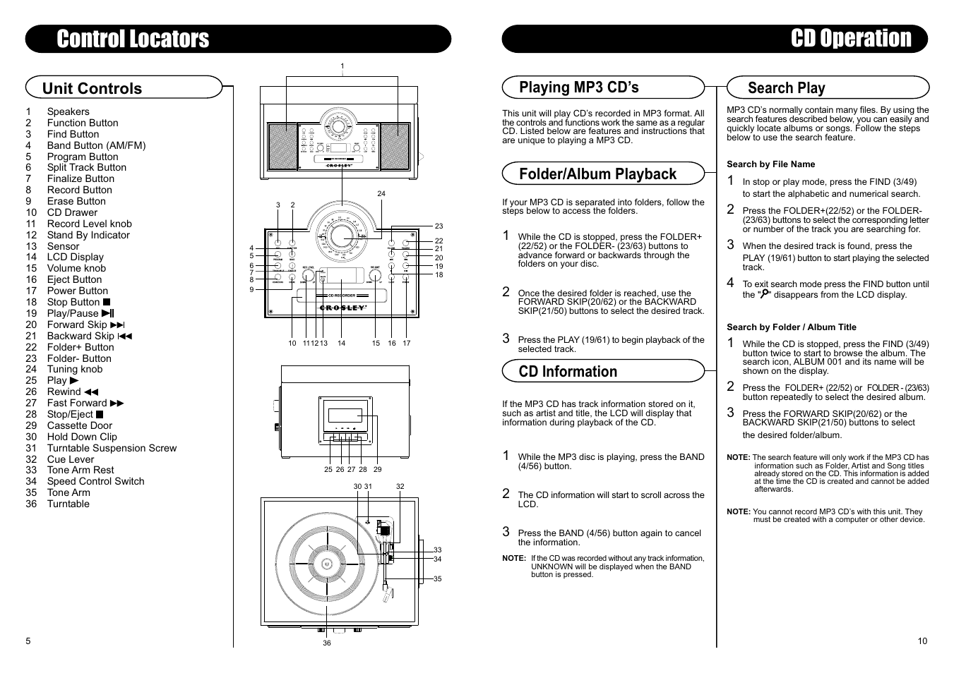 Control locators, Cd operation, Search play folder/album playback cd information | Unit controls playing mp3 cds | Crosley Radio Memory Master CR2401A User Manual | Page 7 / 8
