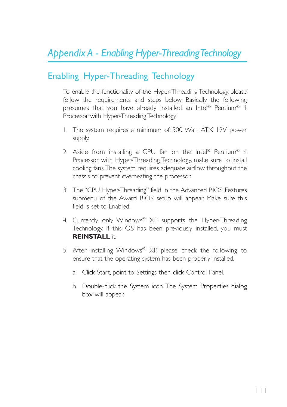 Appendix a - enabling hyper-threading technology, Enabling hyper-threading technology | DFI G7L330-B User Manual | Page 111 / 133