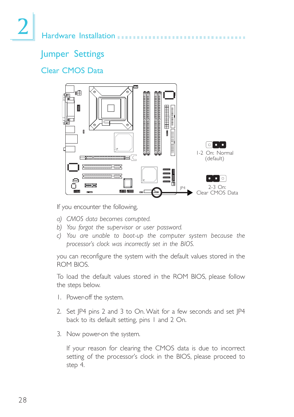 Jumper settings, Hardware installation, Clear cmos data | DFI G7L330-B User Manual | Page 28 / 133
