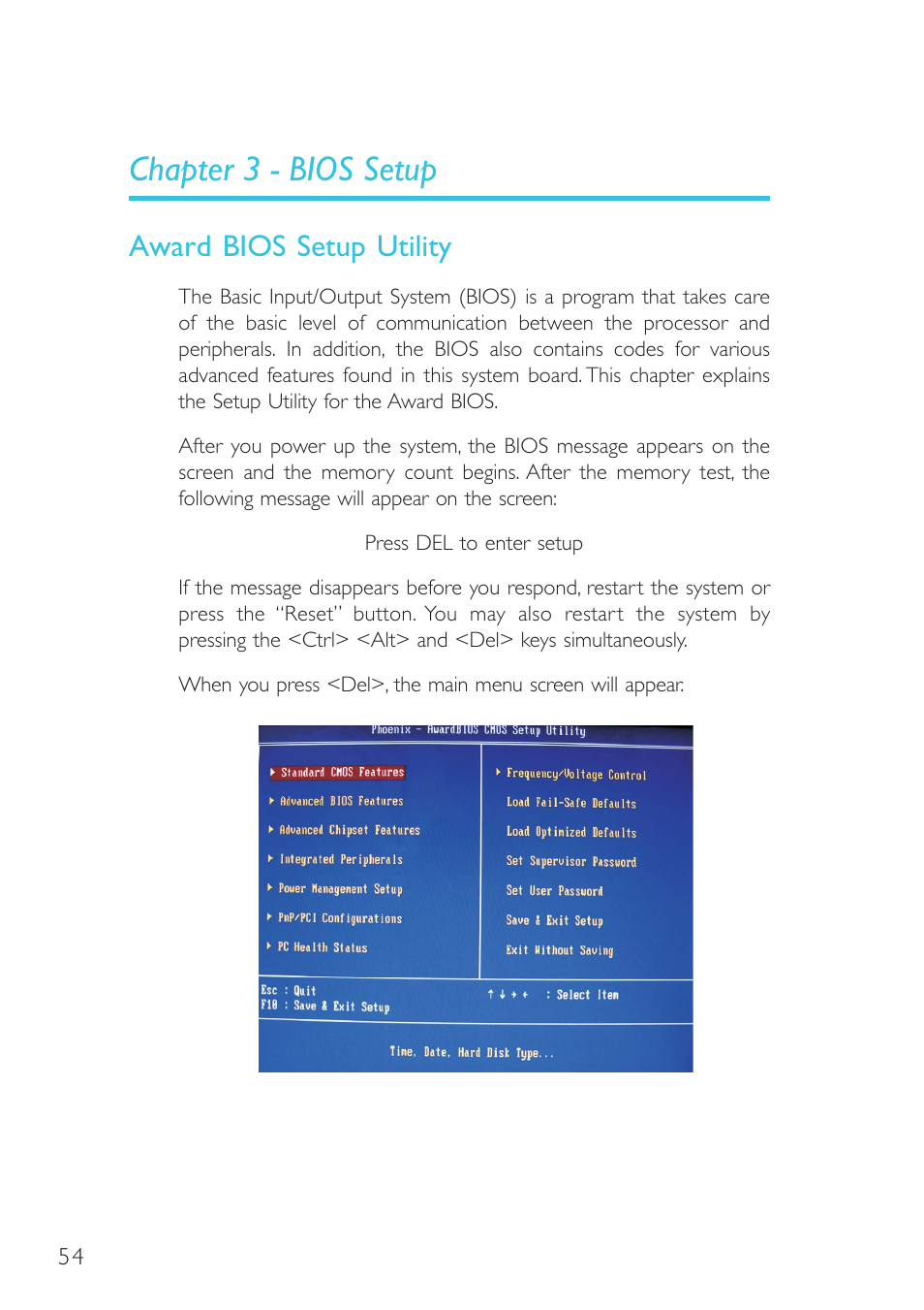 Chapter 3 - bios setup, Award bios setup utility | DFI G7L330-B User Manual | Page 54 / 133