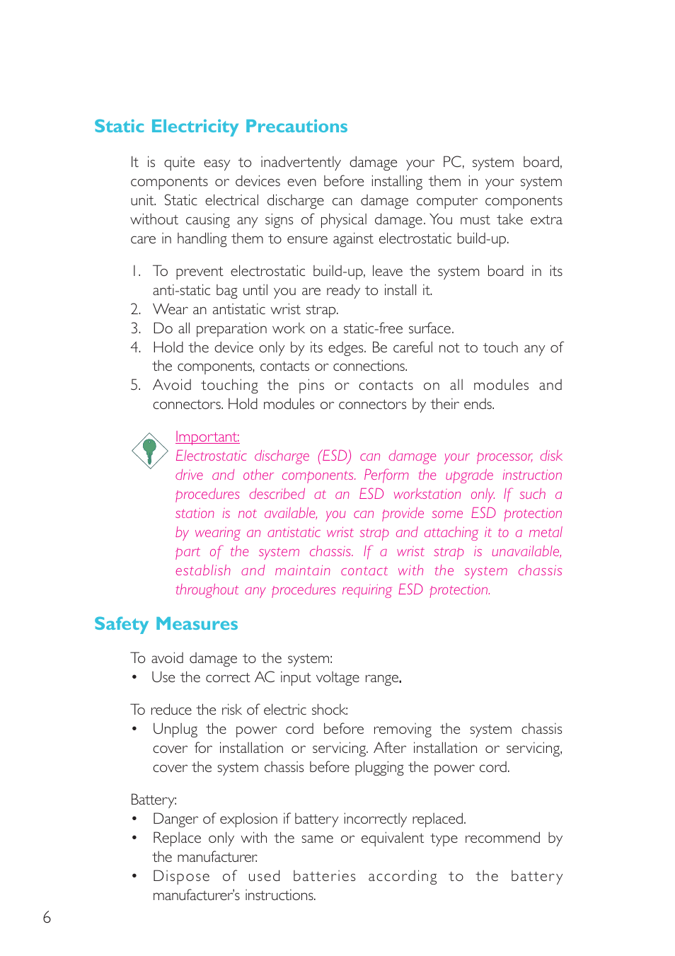 Static electricity precautions, Safety measures | DFI G7L330-B User Manual | Page 6 / 133