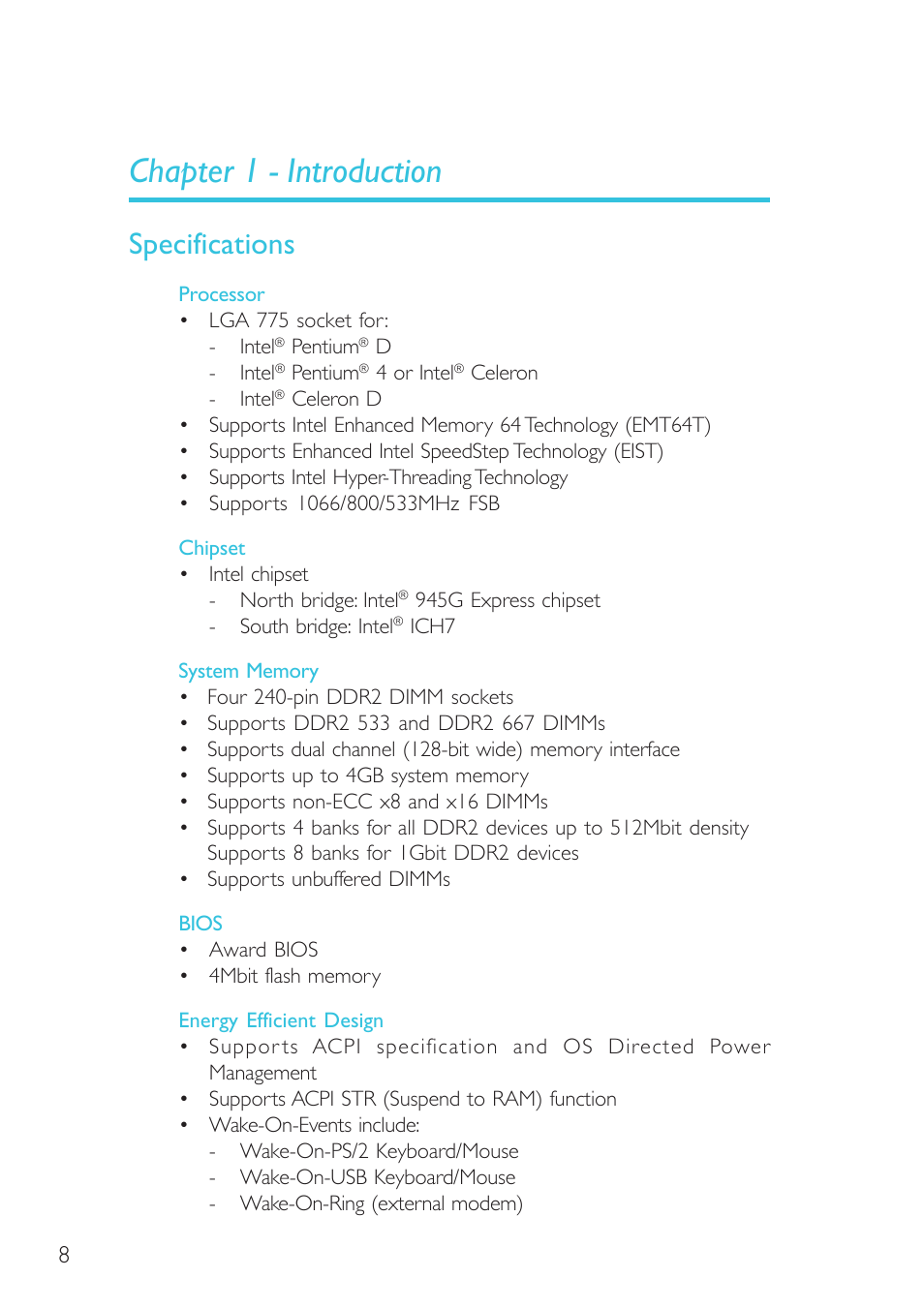 Chapter 1 - introduction, Specifications, Introduction | DFI G7L330-B User Manual | Page 8 / 133