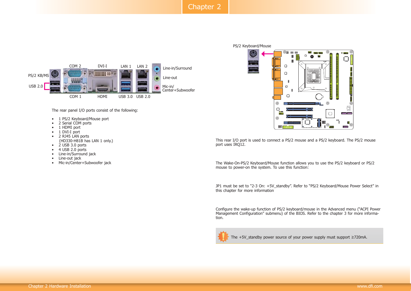 Rear panel i/o ports, Chapter 2 rear panel i/o ports | DFI HD330-H81 User Manual | Page 20 / 81