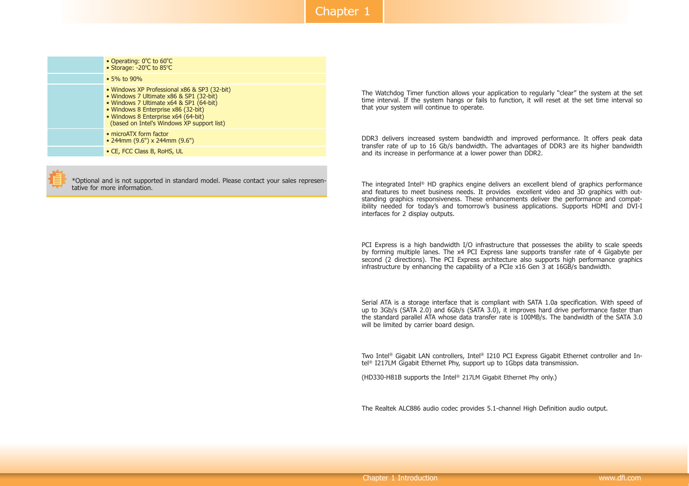 Features, Chapter 1 | DFI HD330-H81 User Manual | Page 7 / 81