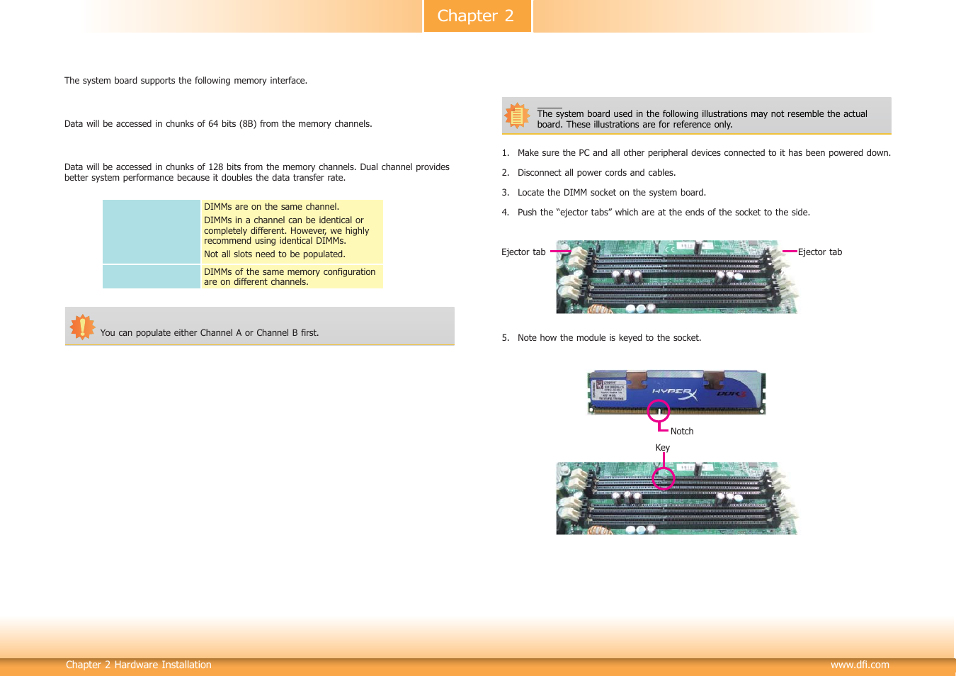 Installing the dimm module, Chapter 2 | DFI HD330-Q87 User Manual | Page 10 / 85