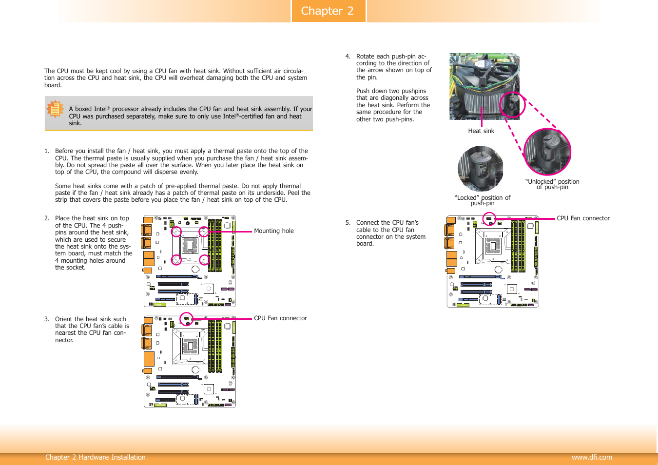 Chapter 2, Installing the fan and heat sink | DFI HD330-Q87 User Manual | Page 14 / 85