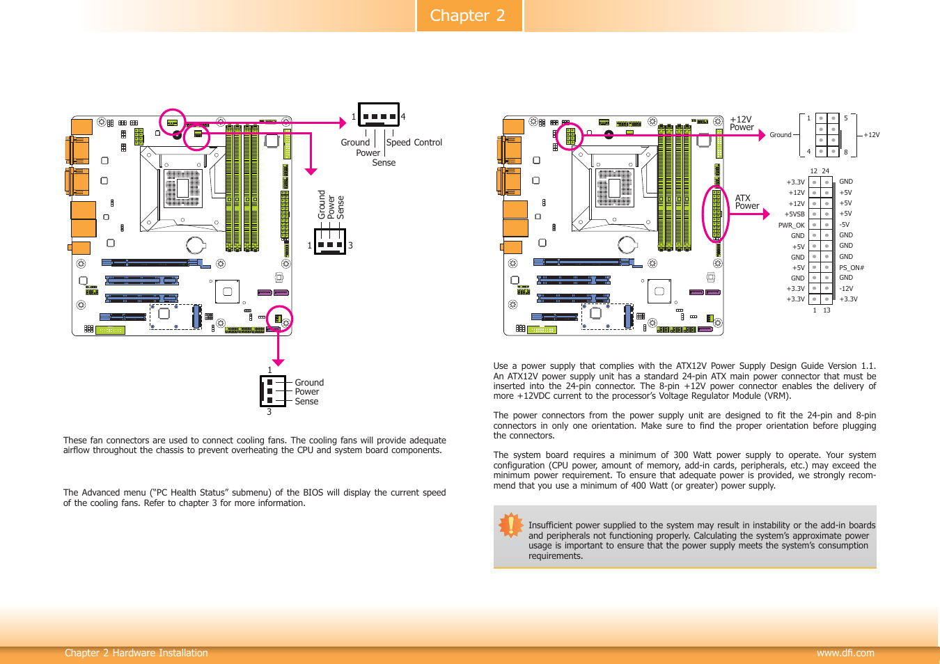 Chapter 2, Cooling fan connectors, Power connectors | DFI HD330-Q87 User Manual | Page 25 / 85